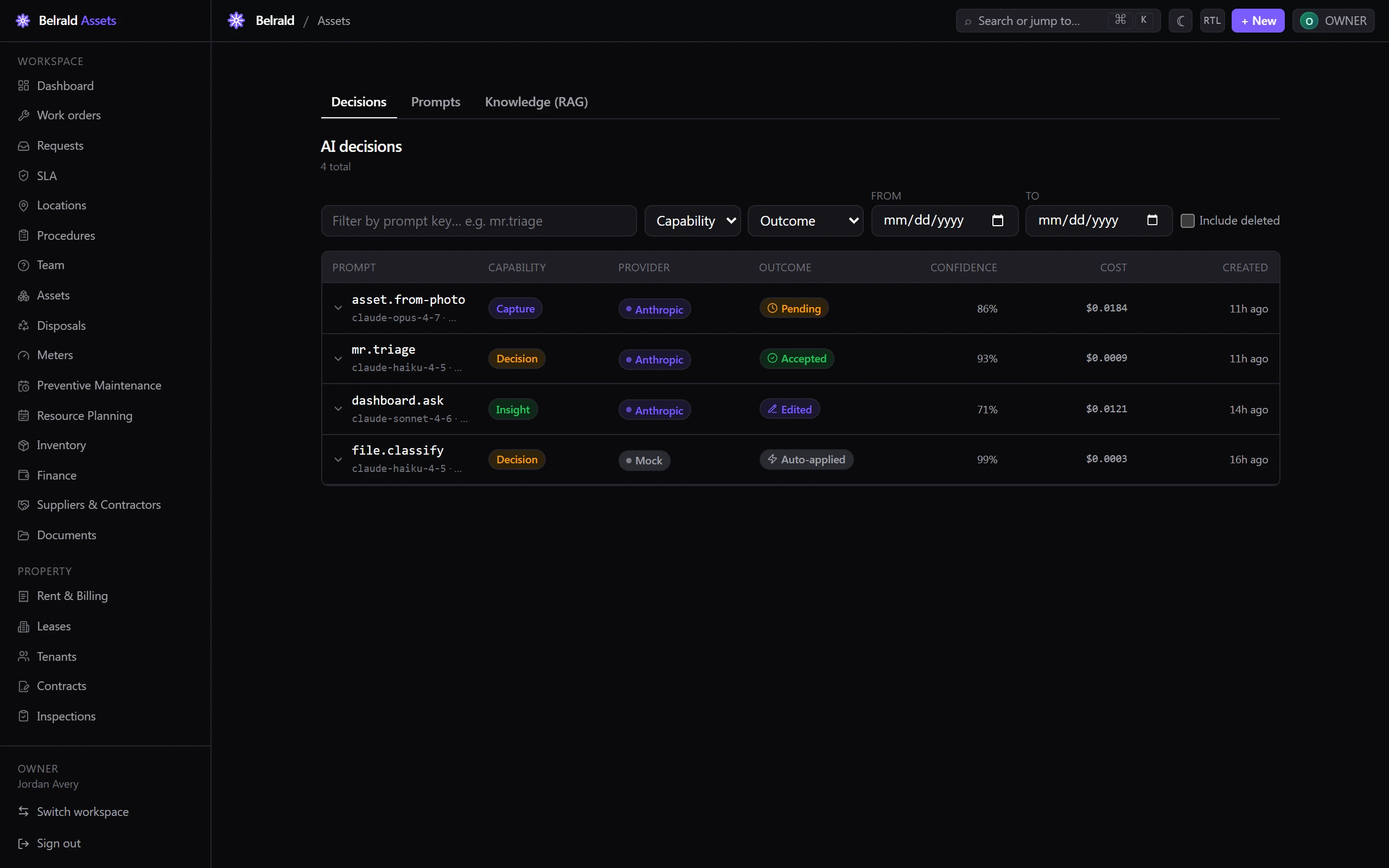 The AI Console Decisions tab, listing AI decisions with their capability, provider, outcome and confidence.