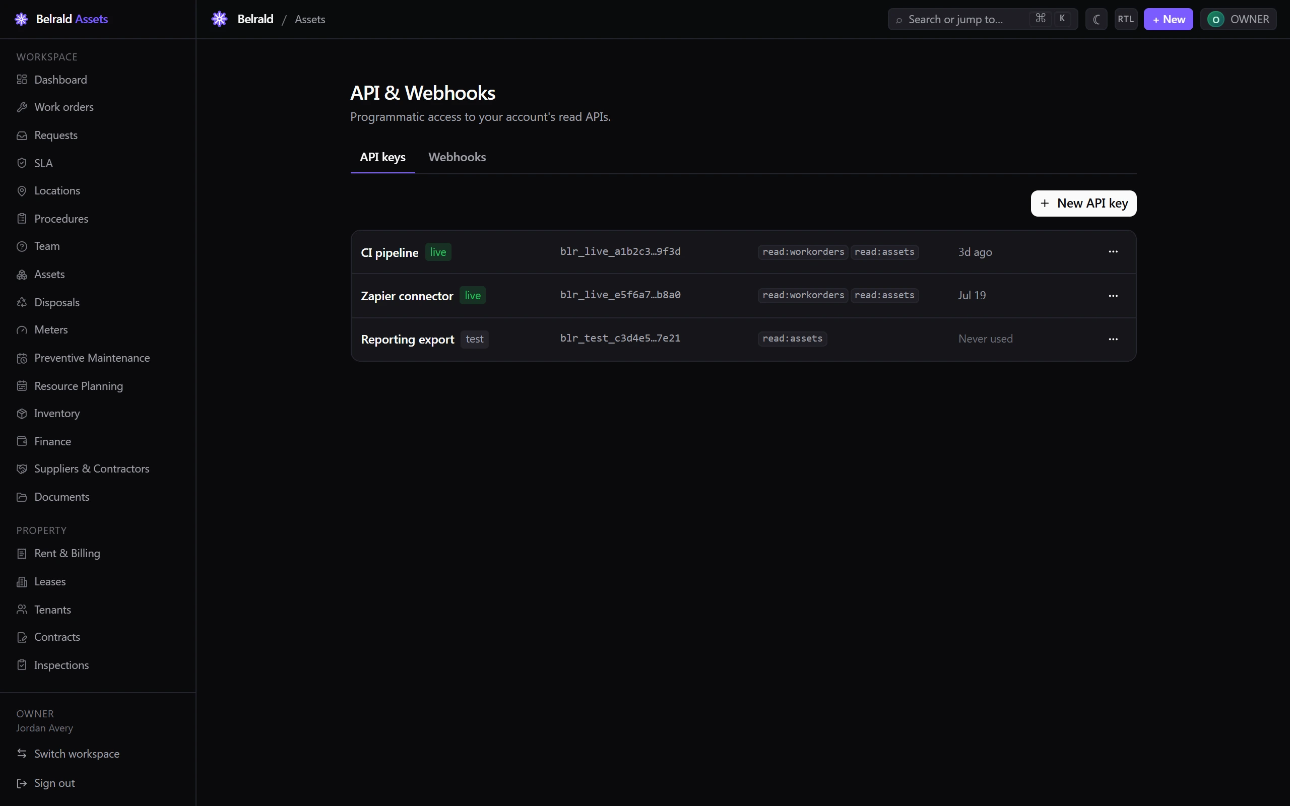 The API keys tab of the API & Webhooks settings, listing three keys with their environment pills, masked key values, scope chips, and last-used times.