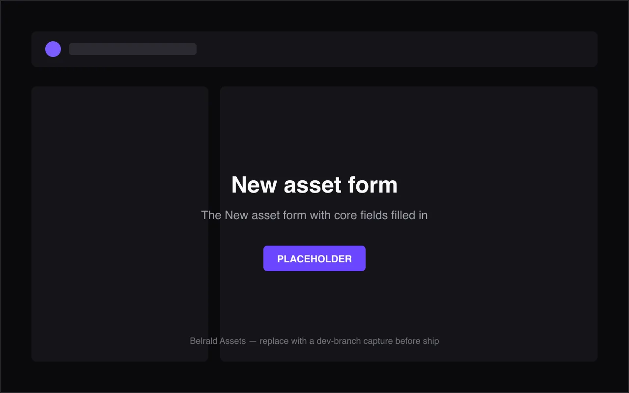 The New asset form with the Name, Category, Location and Criticality fields filled in and the Create asset button in focus.