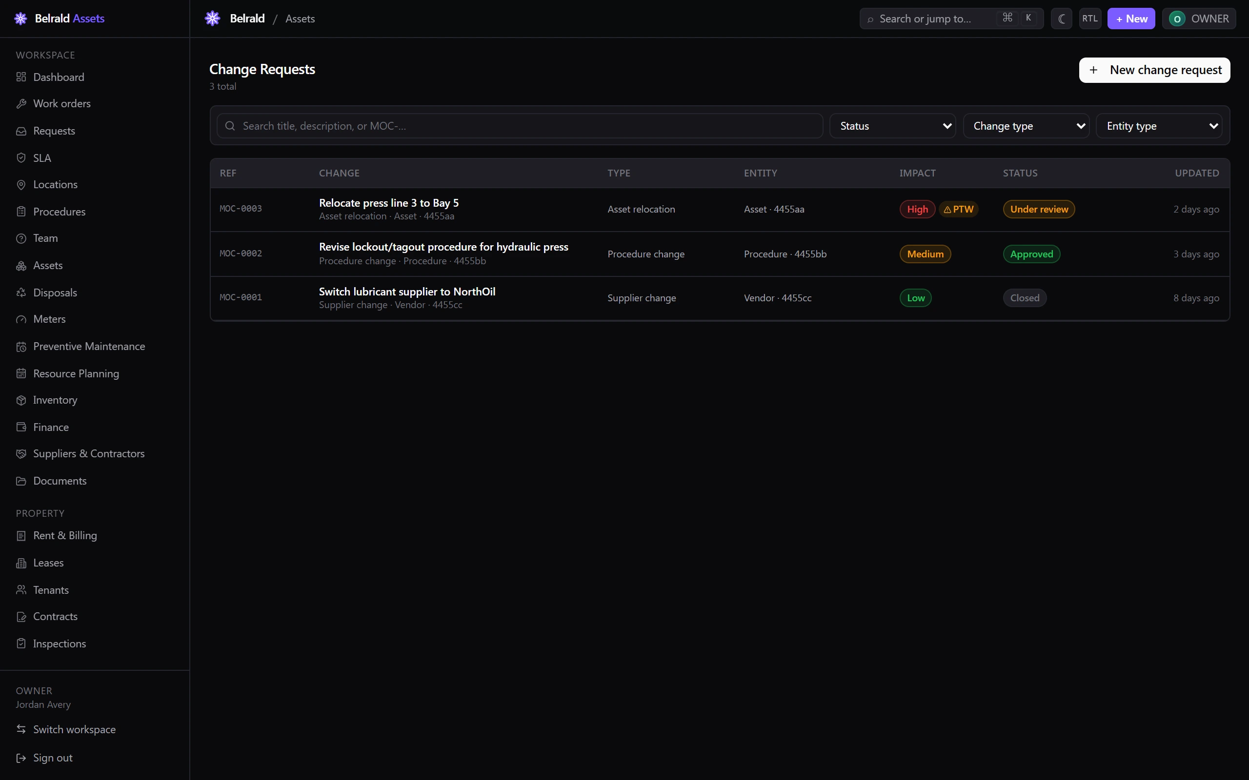 The Change Requests register listing change requests with their reference, type, affected entity, impact level, and lifecycle status.