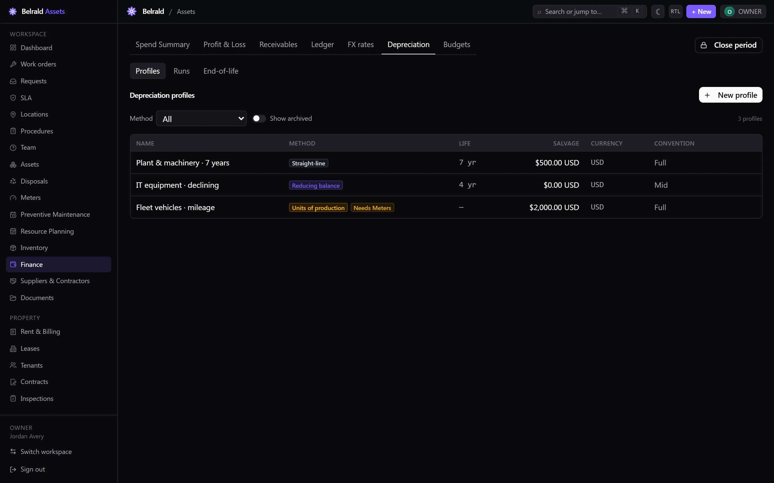 The Depreciation Profiles tab listing three profiles with their method, useful life, salvage value, currency and first-period convention.