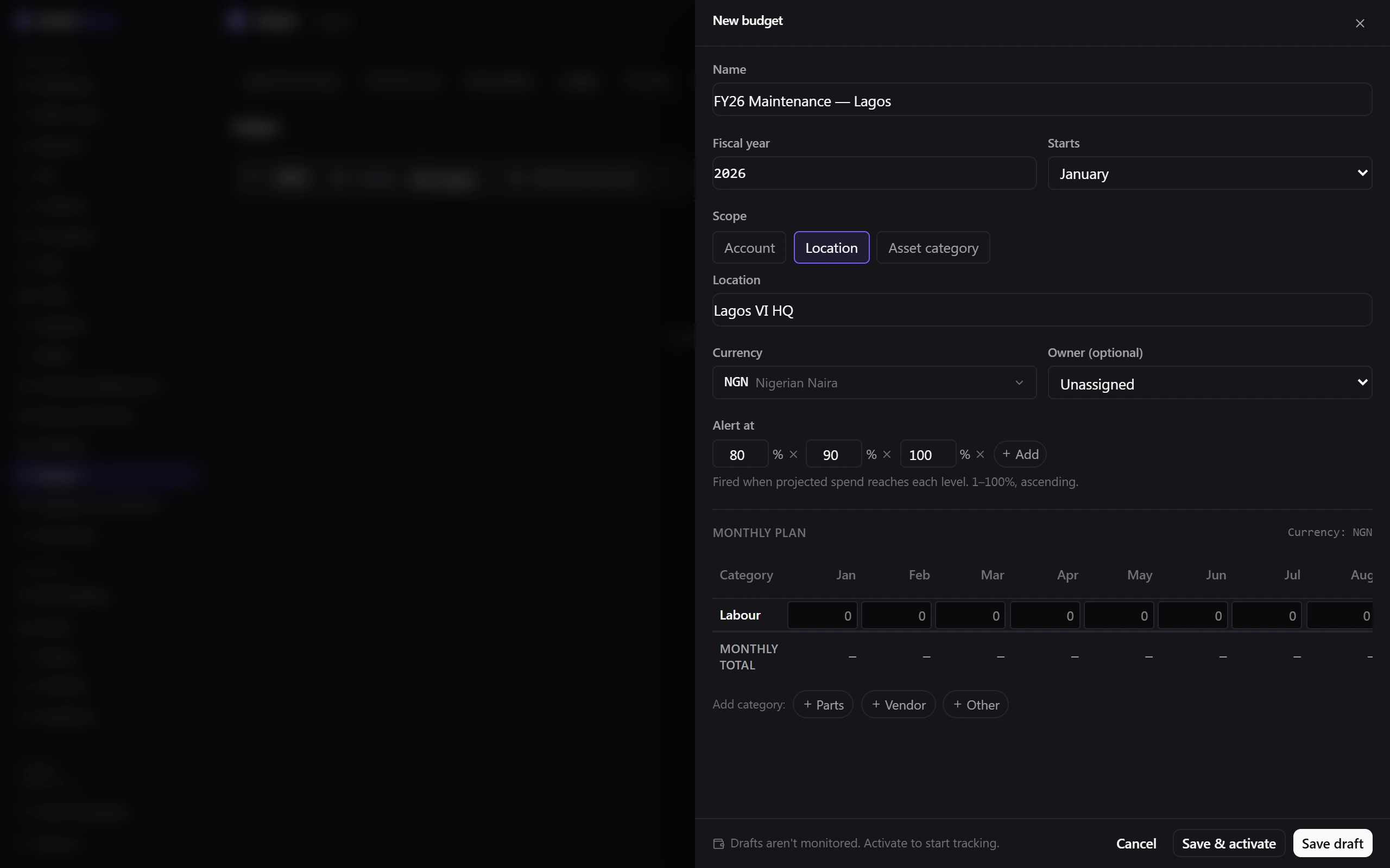 The New budget drawer scoped to a location, with alert thresholds at 80, 90 and 100 percent and a monthly plan.