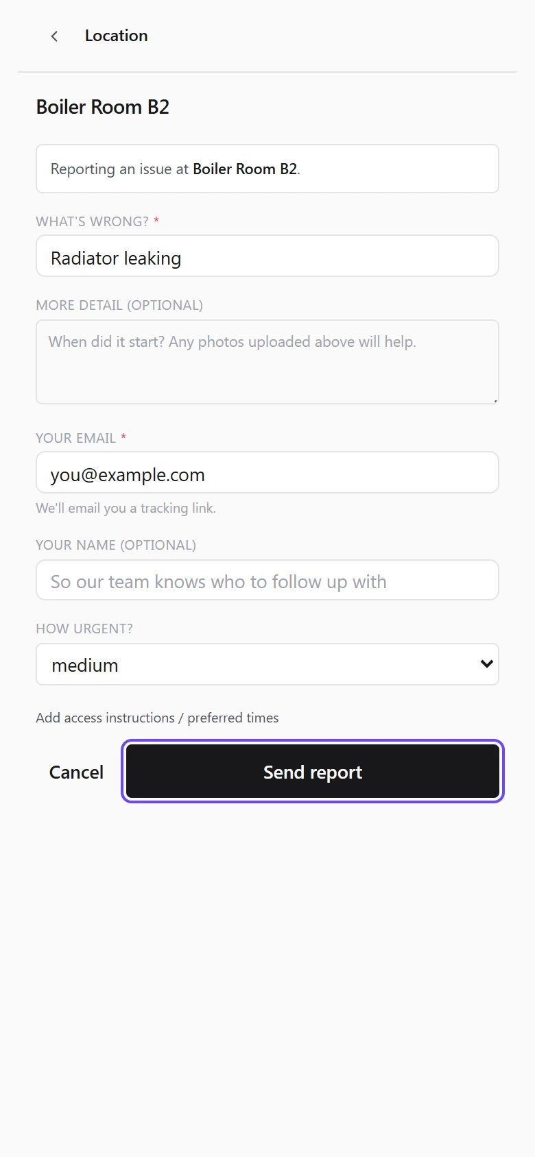 The public report form on a phone after scanning a location QR code, with the issue and email filled in and the Send report button.