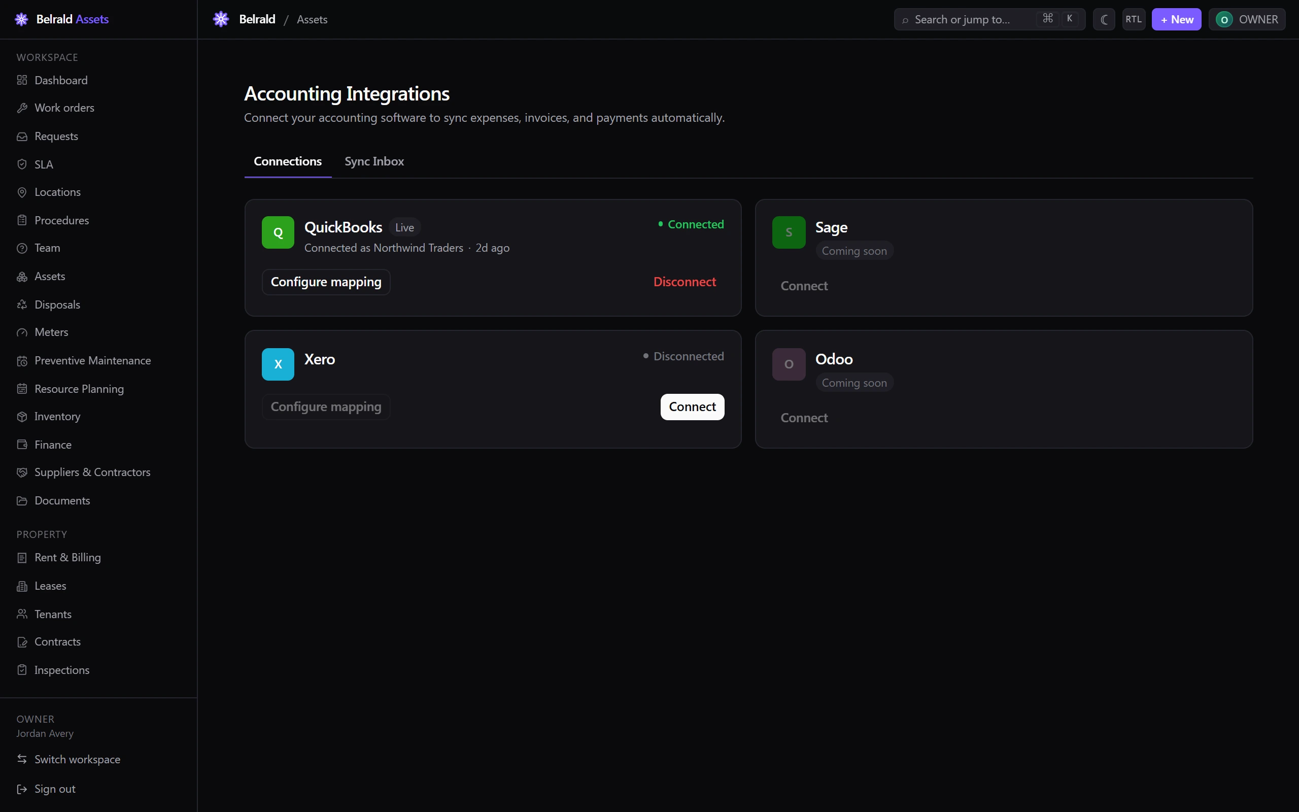 The Connections tab in Settings, Integrations, showing four accounting provider cards: QuickBooks connected as Northwind Traders with a Live badge, Xero disconnected with a Connect button, and Sage and Odoo greyed out with Coming soon chips.