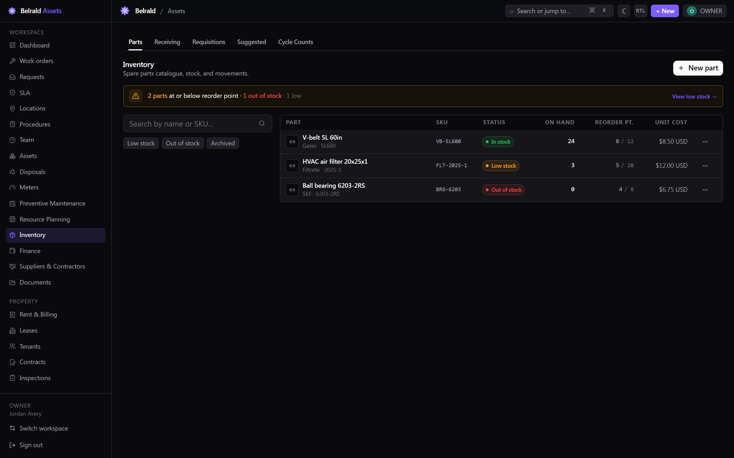 The Inventory Parts tab listing spare parts with their SKU, stock-status pill, on-hand quantity, reorder point and unit cost, with a low-stock banner above the list.