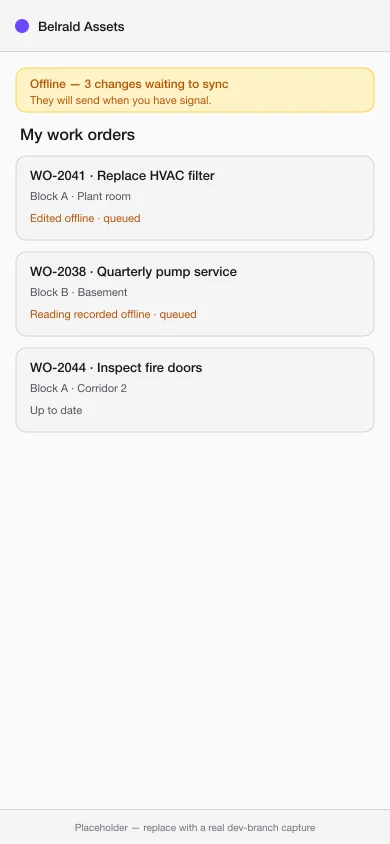 The mobile work order list with an offline banner across the top reading 'Offline — 3 changes waiting to sync'.