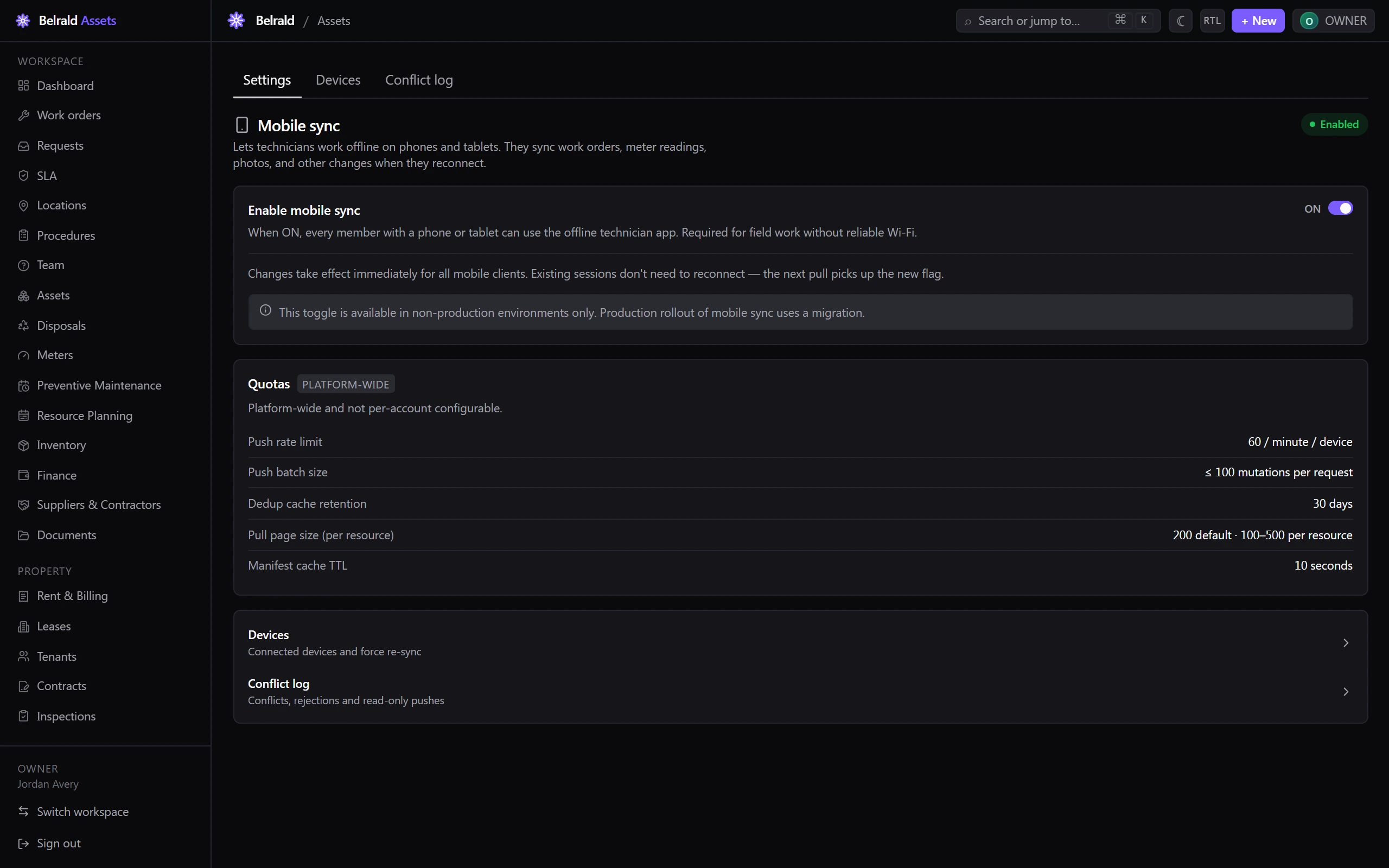 The Mobile sync settings page with the Enable mobile sync toggle turned on, the platform-wide quotas, and links to Devices and the Conflict log.