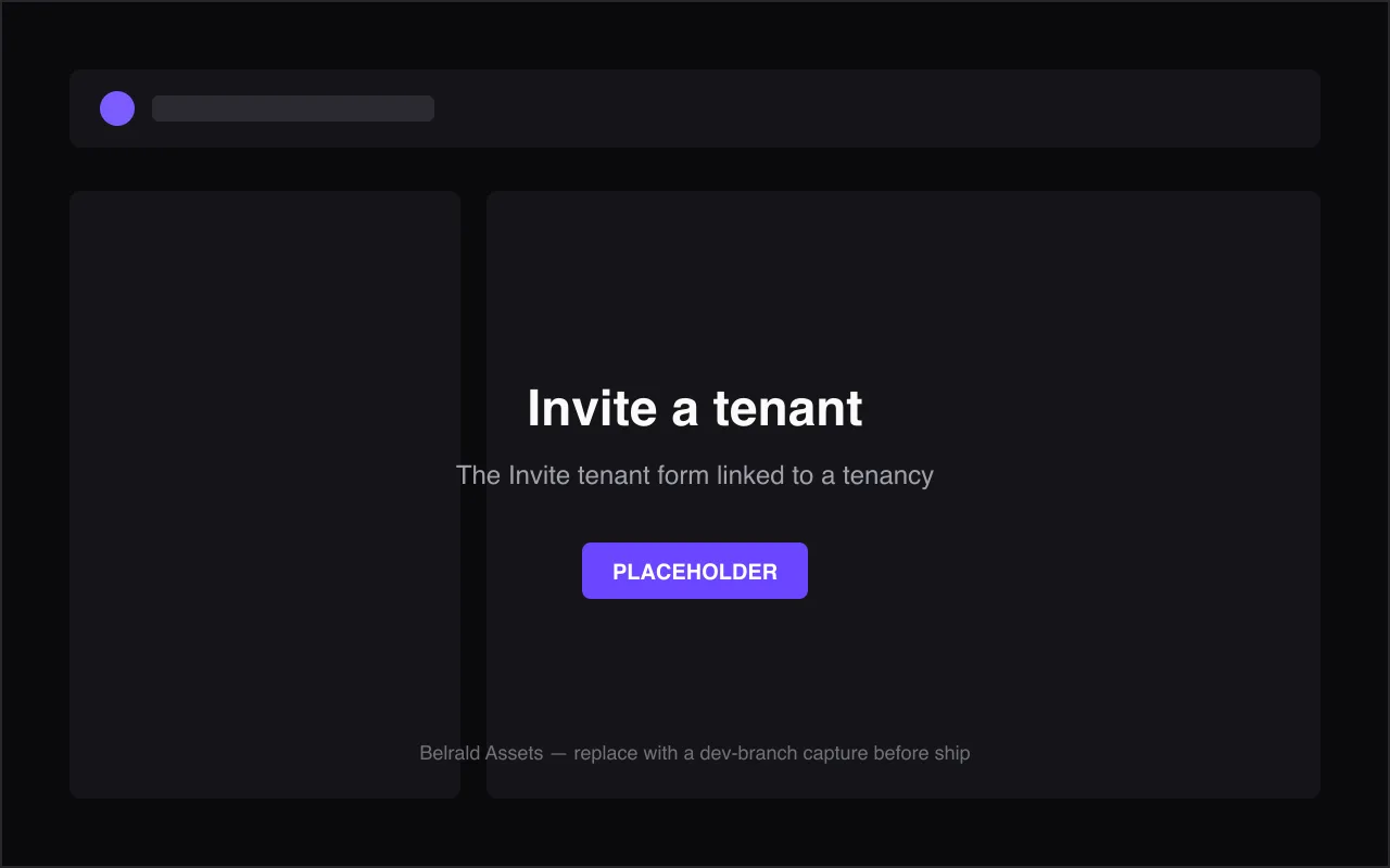 The Invite tenant panel on a unit, with the tenant's email entered and the unit reference shown, and the Send invitation button in focus.