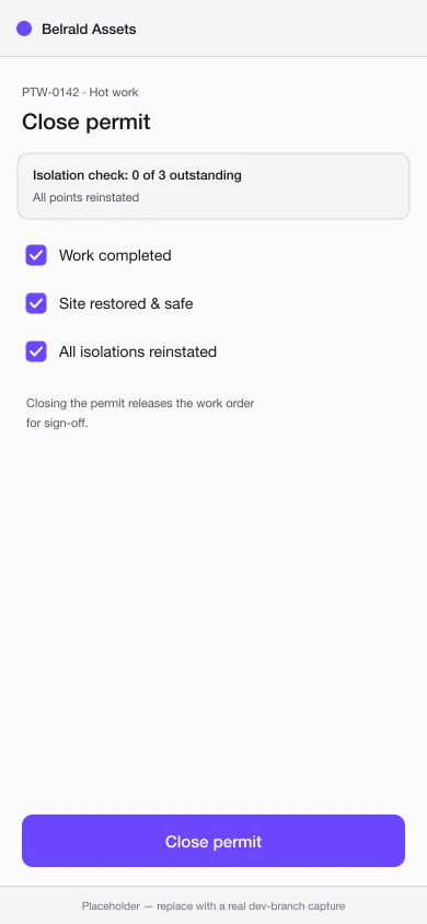 The Close permit screen on a phone with three confirmation checkboxes — work completed, site restored and safe, all isolations reinstated — above the Close permit button.
