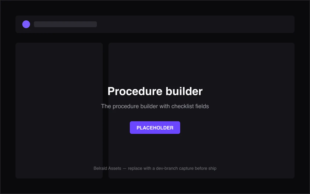 The procedure builder showing a named checklist with several fields, one marked required, and the Publish button in focus.