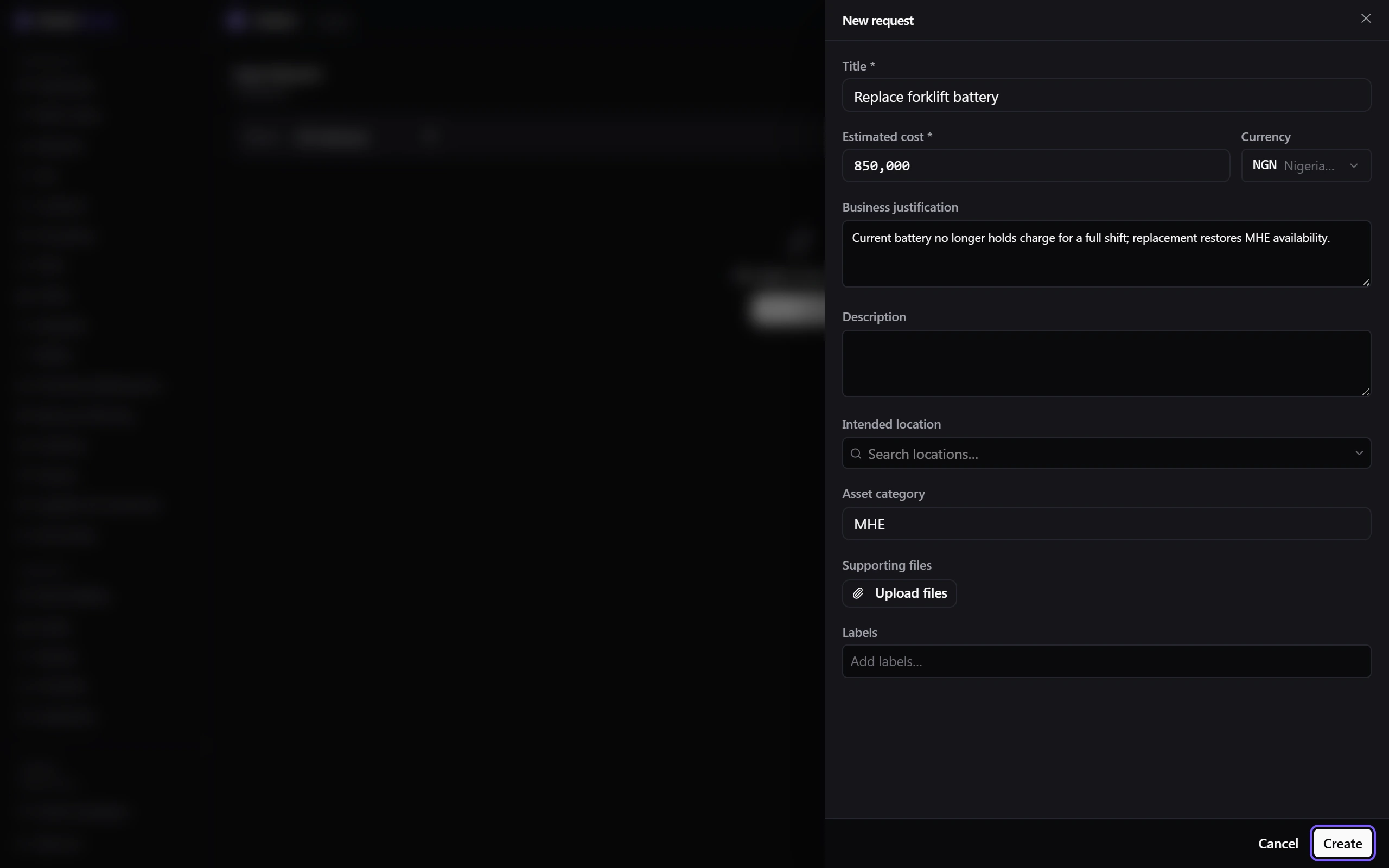 The New request form with a title, an estimated cost in NGN, a business justification and an asset category filled in, and the Create button.