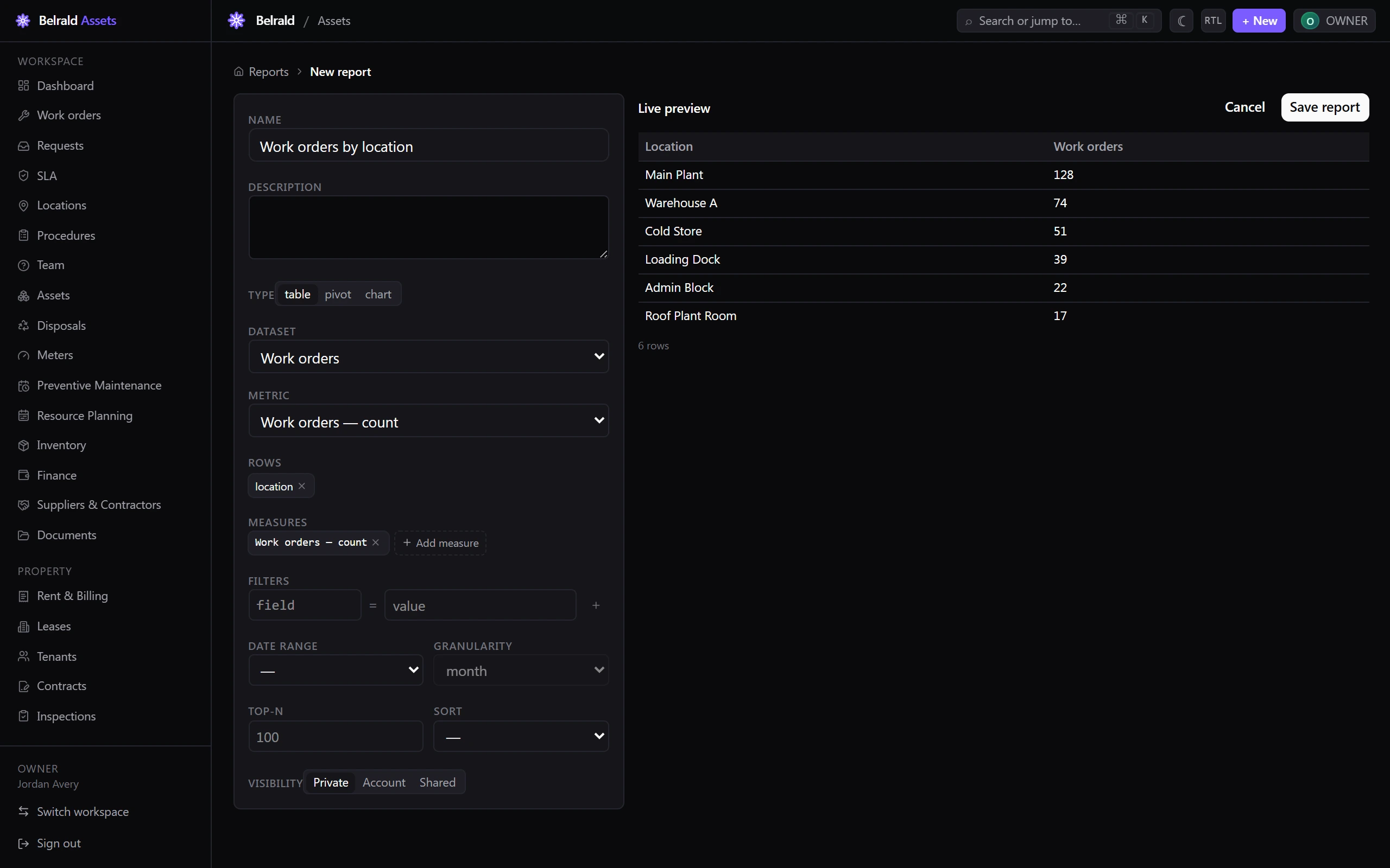 The report builder configuring a Work orders by location table, with a live preview of the results on the right.
