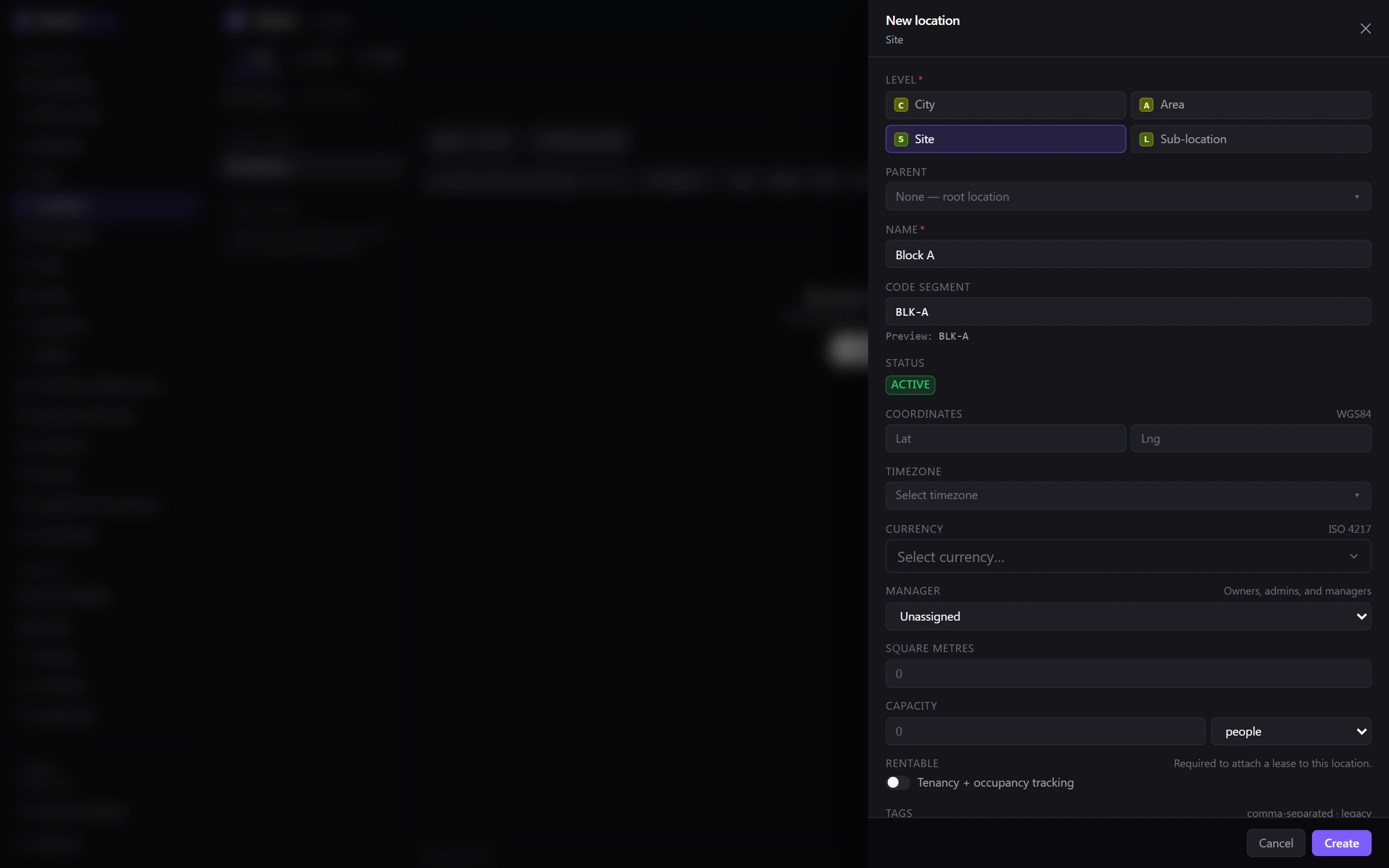 The New location sheet with the Level set to Site, a Name of Block A and a Code segment of BLK-A, and the Create button.