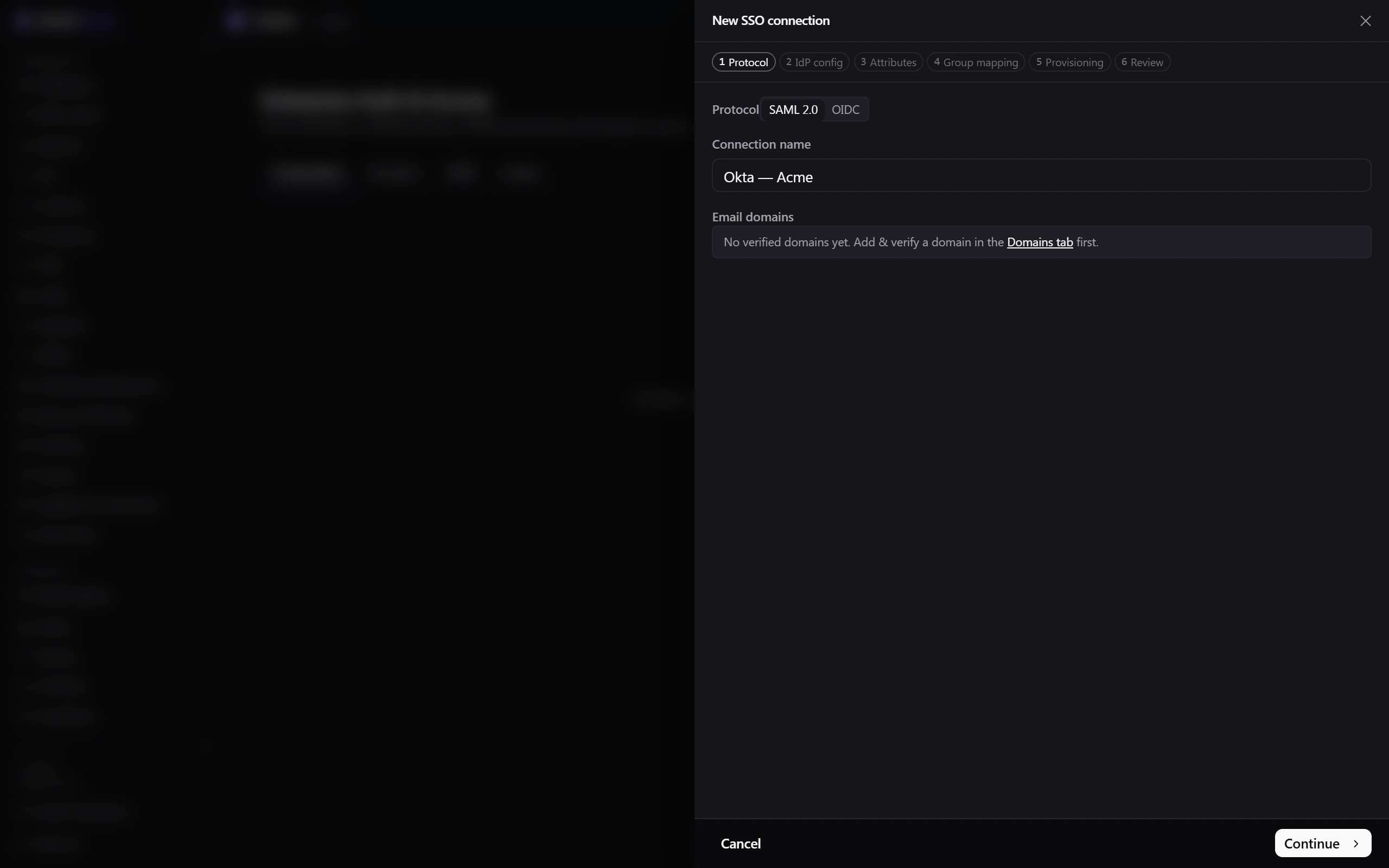 The New SSO connection wizard on the Protocol step, showing the six-step rail with SAML 2.0 selected and a connection name.