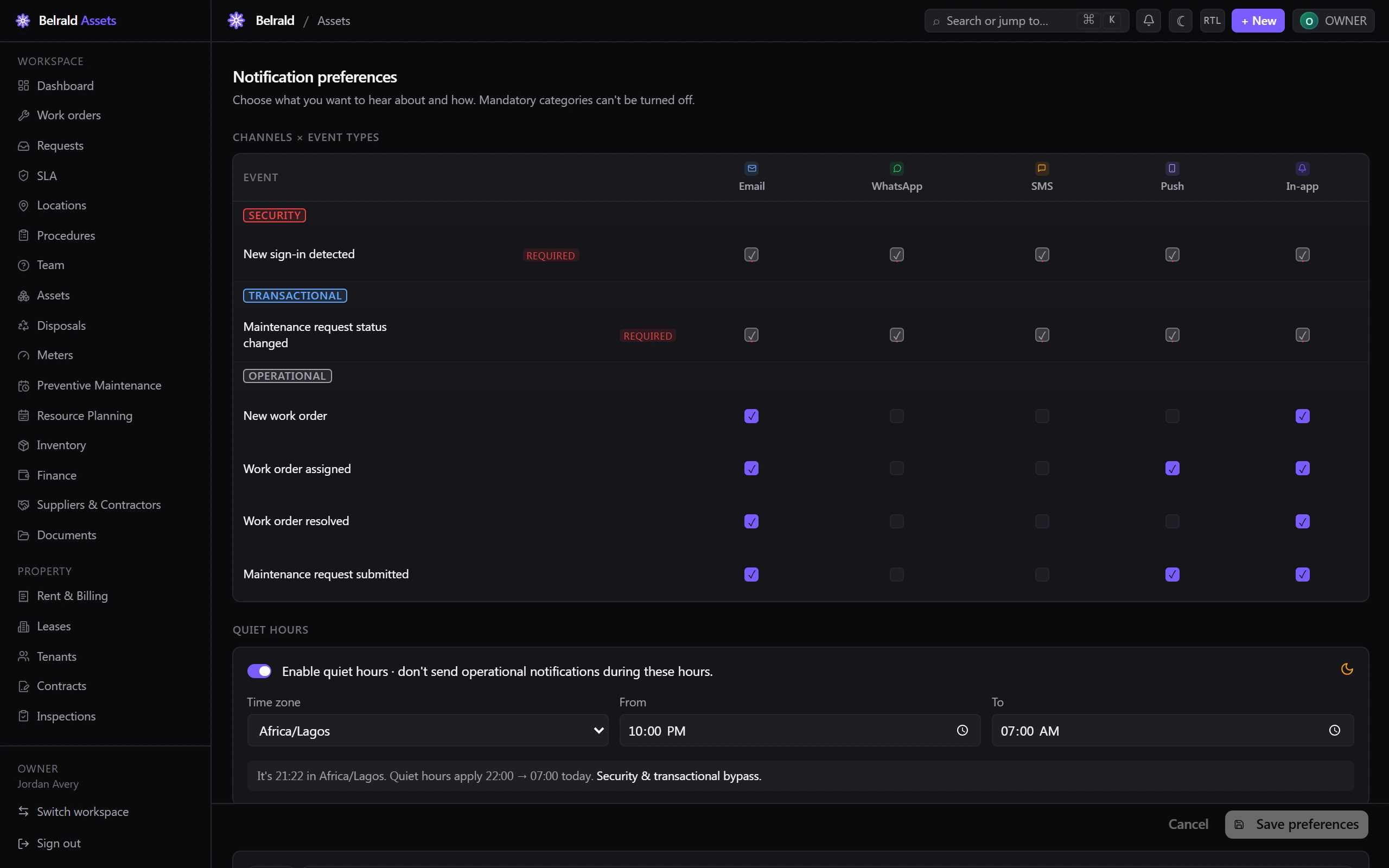 The Notification preferences page showing the channels-by-event-types matrix and the quiet-hours controls.