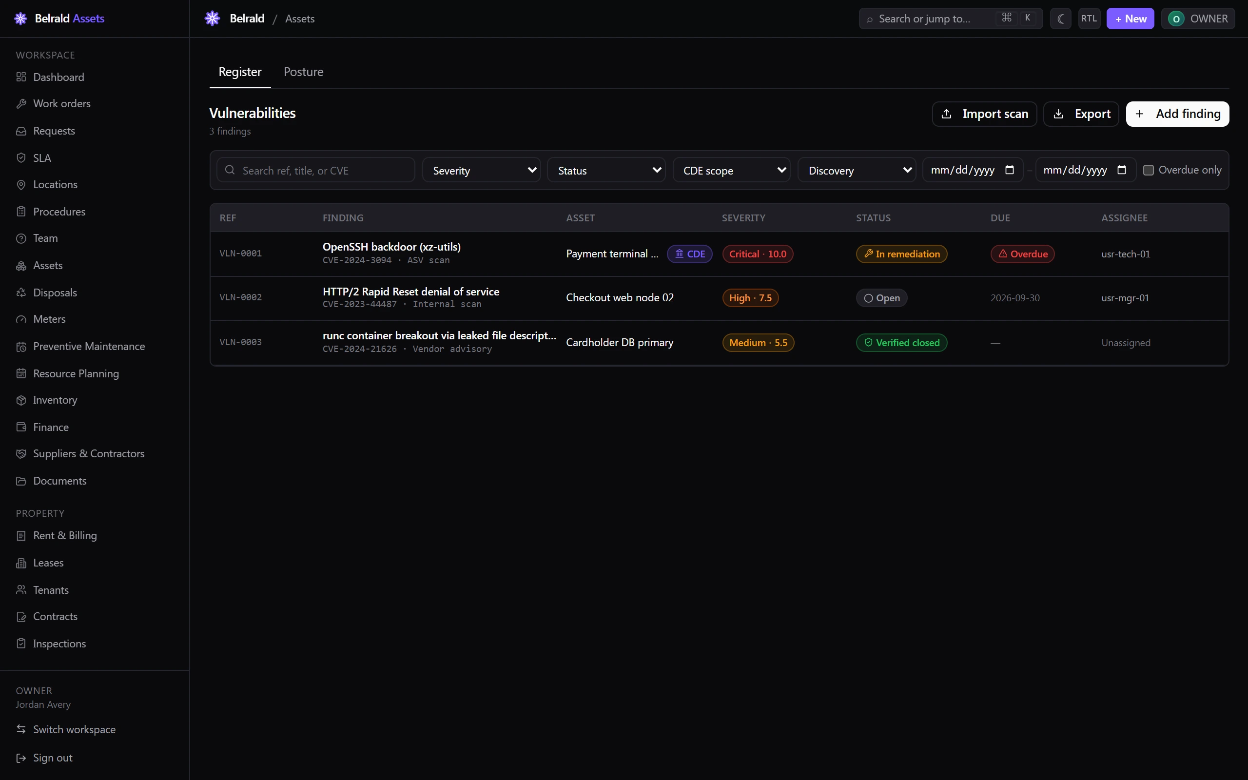 The Vulnerabilities register listing security findings, each with a reference, title and CVE, affected asset, severity chip, status, remediation due date and assignee.