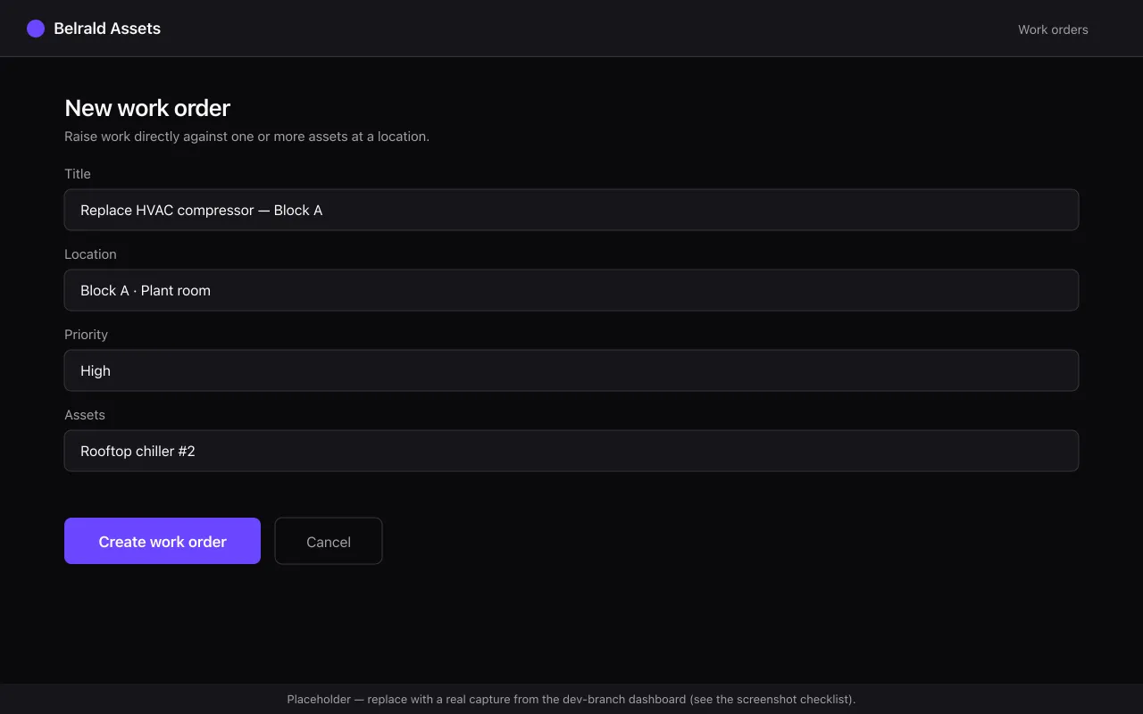 The New work order form with the Title, Location, Priority and Assets fields filled in and the Create work order button highlighted.